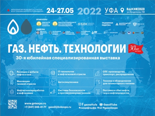 24-27 мая 2022 года в Уфе пройдёт 30-я специализированная выставка «Газ. Нефть. Технологии»